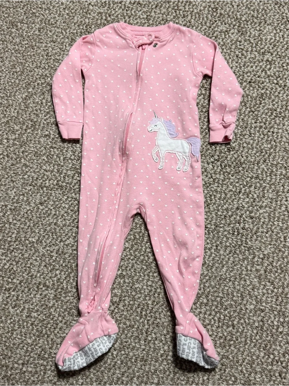 Carter's Bedtime Pink Heart Print Unicorn Full Zip Sleeper Pajamas 12 Months